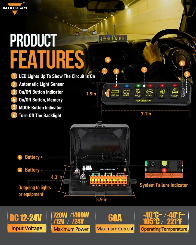 Auxbeam AS-600 6 Gang RGB Slim Switch Panel with APP & Remote Control - Colorado & Canyon Enthusiasts