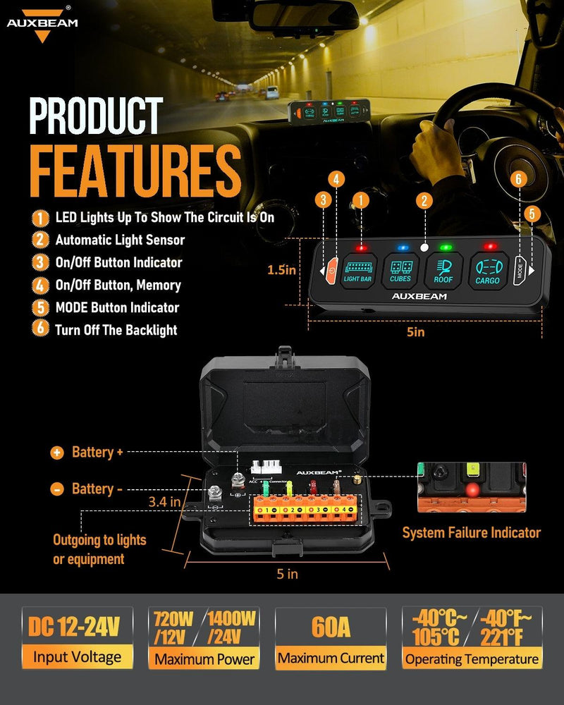 Auxbeam AS-400 4 Gang RGB Slim Switch Panel with APP & Remote Control - Colorado & Canyon Enthusiasts