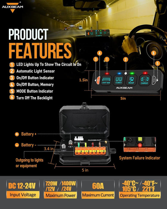 Auxbeam AS-400 4 Gang RGB Slim Switch Panel with APP & Remote Control - Colorado & Canyon Enthusiasts