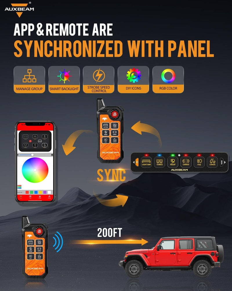 Auxbeam AS-600 6 Gang RGB Slim Switch Panel with APP & Remote Control - Colorado & Canyon Enthusiasts