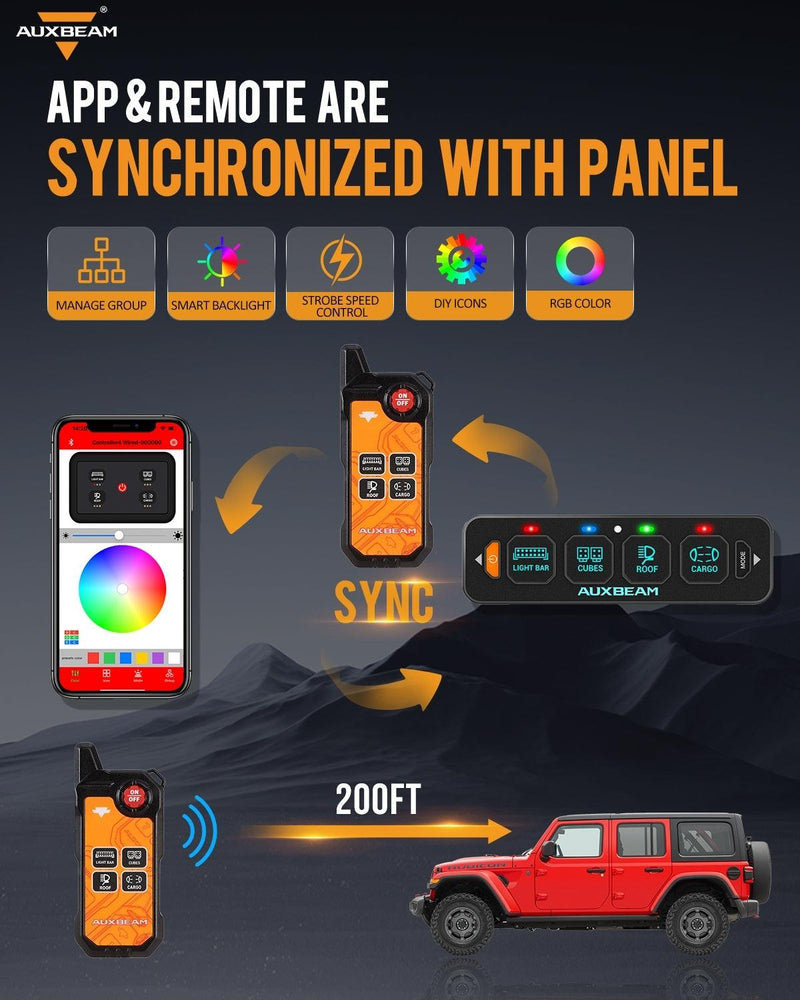 Auxbeam AS-400 4 Gang RGB Slim Switch Panel with APP & Remote Control - Colorado & Canyon Enthusiasts