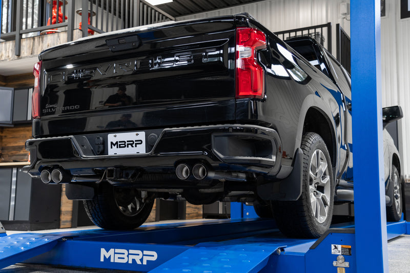 MBRP Armor Pro 3 Inch Cat Back Exhaust 2.5 Inch Dual Split Rear Exit with Quad 4 Inch OD Carbon Fiber Tips | 2019+ Silverado/Sierra 1500 (S50043CF)