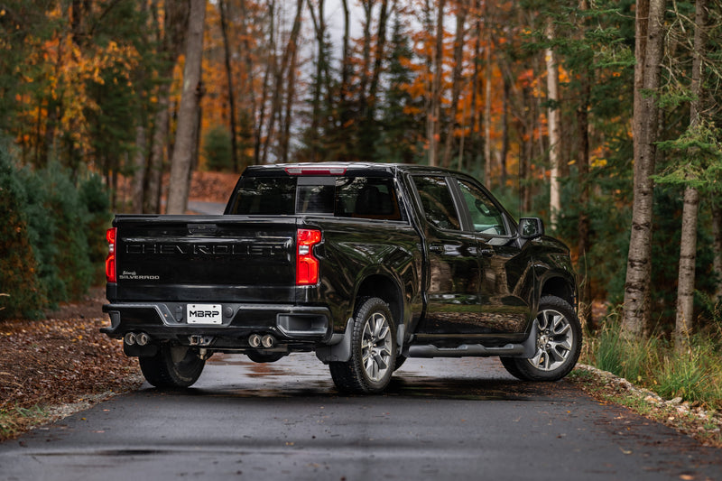 MBRP Armor Pro 3 Inch Cat Back Exhaust 2.5 Inch Dual Split Rear Exit with Quad 4 Inch OD Carbon Fiber Tips | 2019+ Silverado/Sierra 1500 (S50053CF)